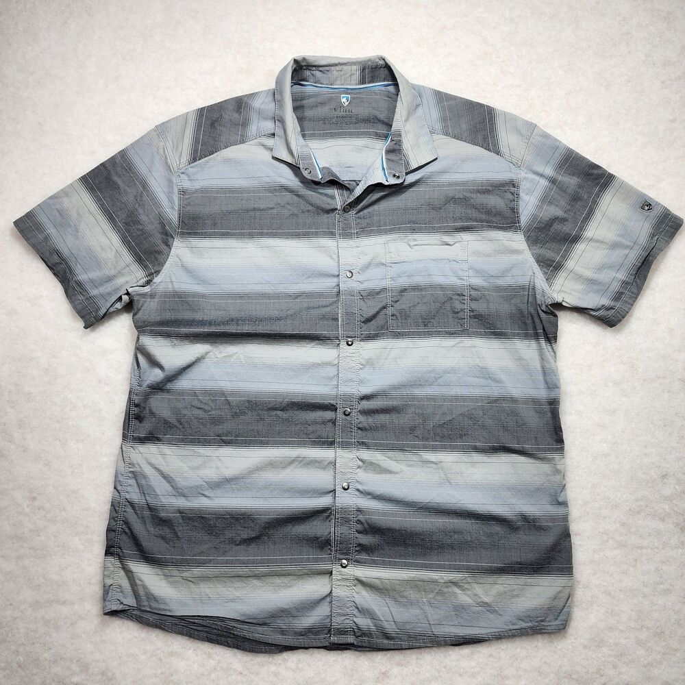 Kuhl Intriguer Shirt Striped Snap Button Up Gray Mens Sz XL Hiking Short Sleeve